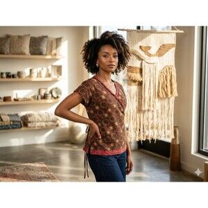 Knot Us Women's Small Brown Scrub Top Celestial Sun Moon Star Print V-Neck